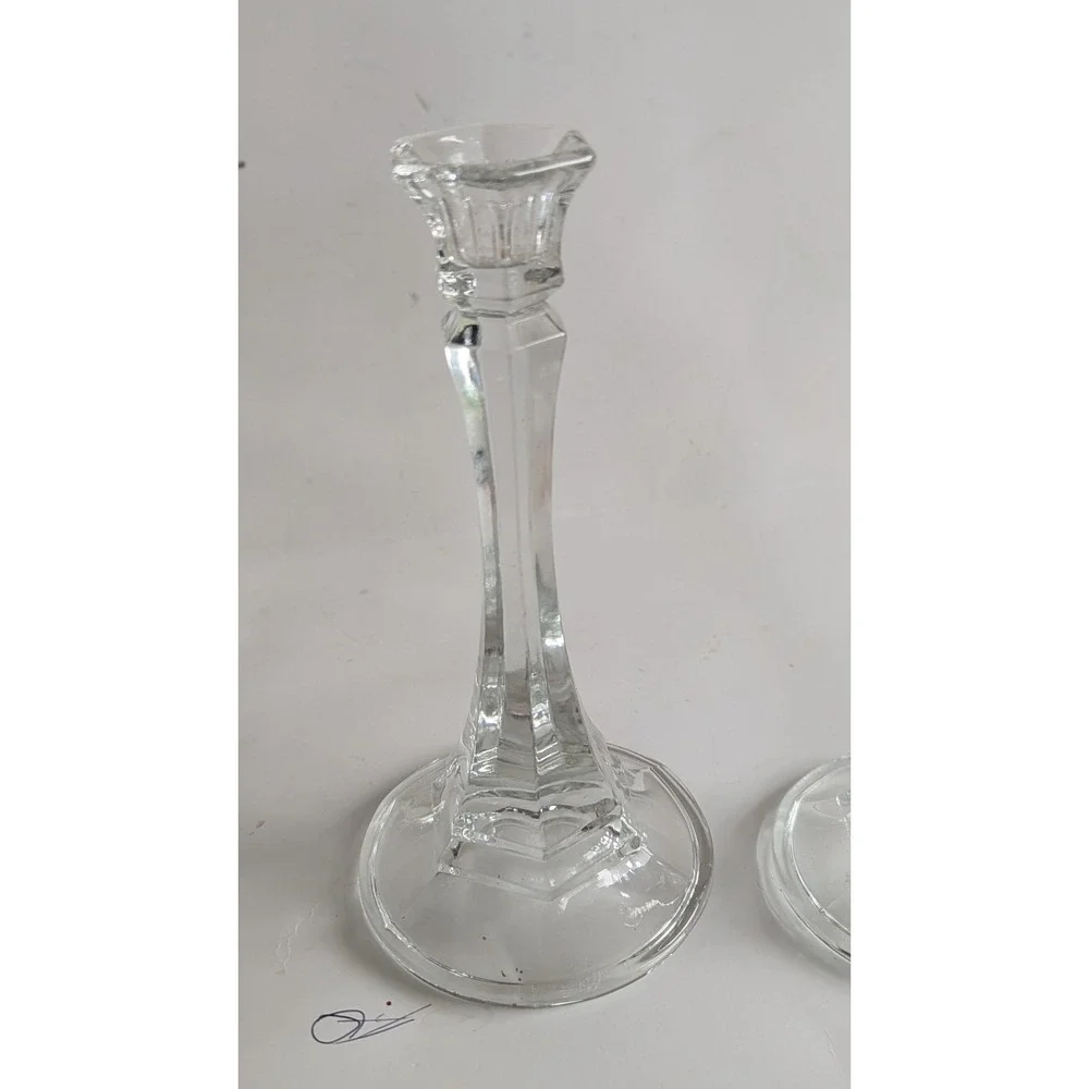 Set of 3 Clear Glass Candlestick Holders Hexagonal Stem Taper Trio